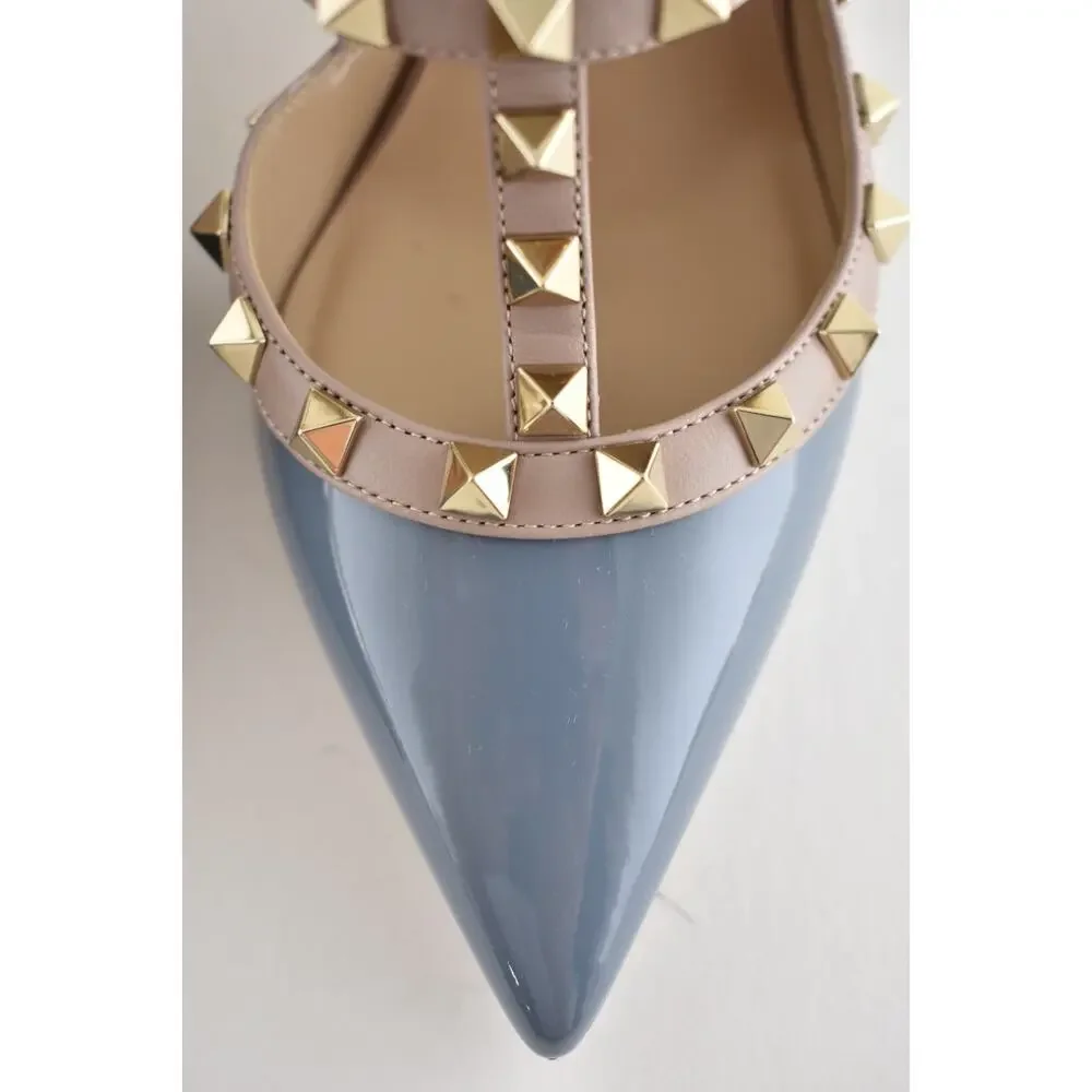 Valentino Rockstud 100mm Grey Blue Patent Poudre Nude Ankle Strap Heel Pump 36.5